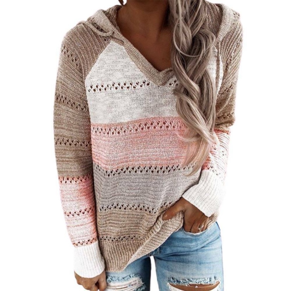 Womens Casual Long Sleeves Pullover Knitted Stripes Hollow Out Hooded Sweater S